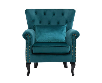 Guyou Mid Century Accent Chair Modern Button Tufted Armchair Wingback Club Chair Velvet Single Sofa Lounge Chair with Pillow for Living Room Bedroom, Teal Blue