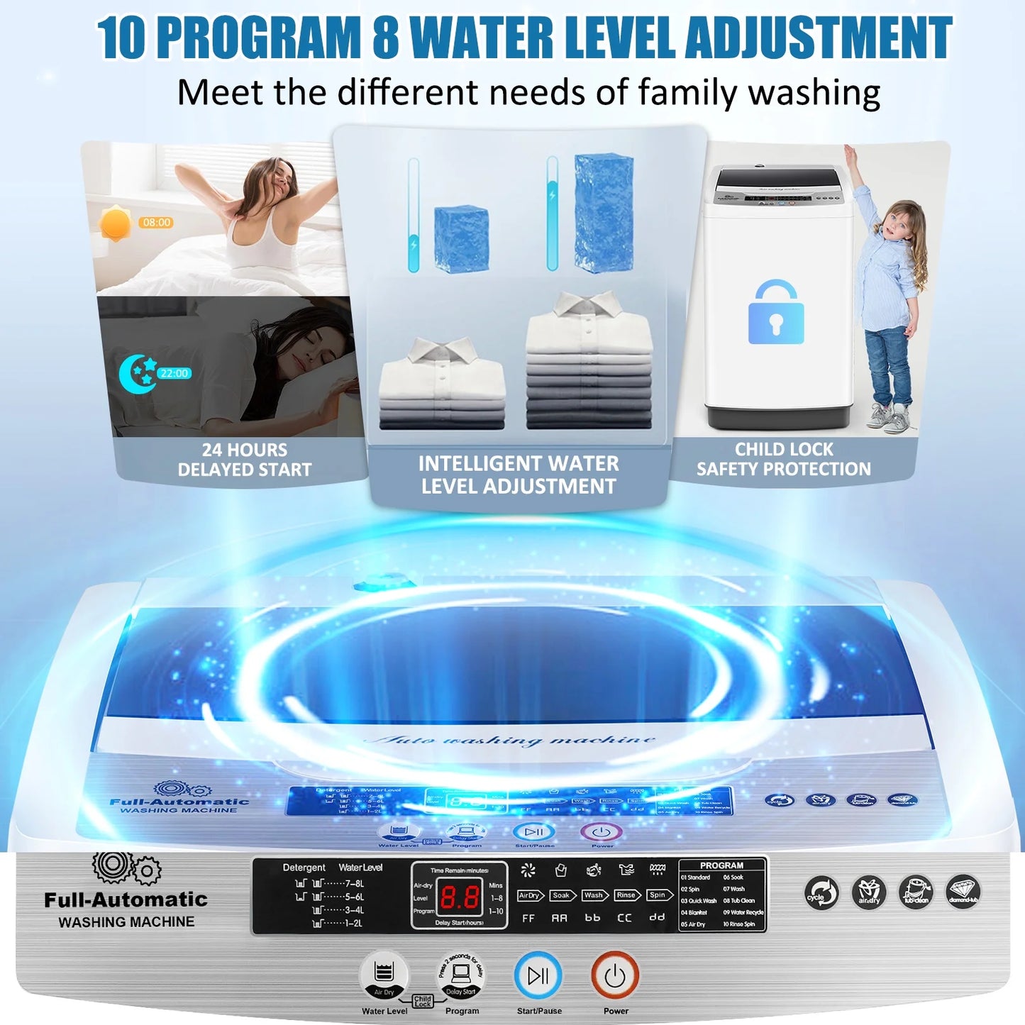 Qhomic Portable Washing Machine, 18.7lbs Full Automatic Compact 10 Programs & 8 Water Levels Washer Machine with Child Lock and LED Display, Low Noise Laundry Wash for Apartments, RVs, Dorms