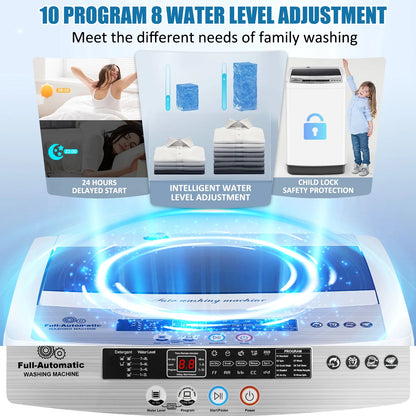 Qhomic Portable Washing Machine, 18.7lbs Full Automatic Compact 10 Programs & 8 Water Levels Washer Machine with Child Lock and LED Display, Low Noise Laundry Wash for Apartments, RVs, Dorms