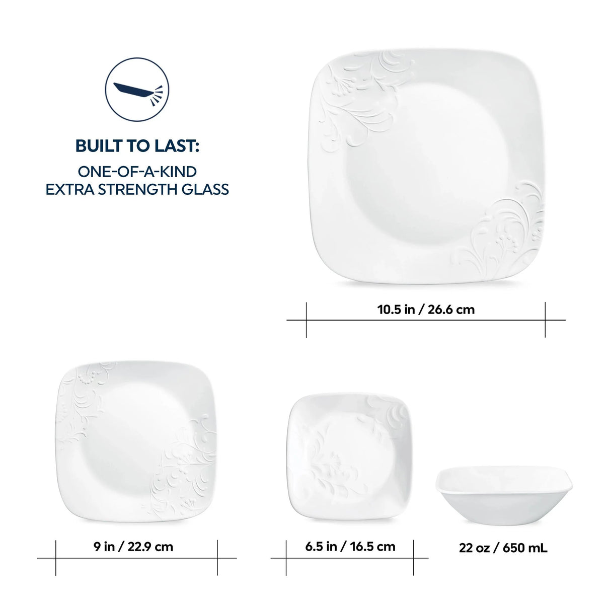 Corelle Cherish 16-Piece Embossed Square Glass Dinnerware Set (Service for 4)