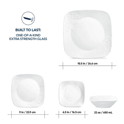 Corelle Cherish 16-Piece Embossed Square Glass Dinnerware Set (Service for 4)