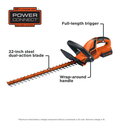BLACK+DECKER 20V Cordless Hedge Trimmer, 22-Inch, 1.5Ah, Battery and Charger Included