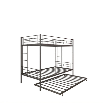 Seizeen Bunk Bed Twin Over Twin Size, Metal Triple Bunk Bed with Trundle, Black Heavy Duty Bunk Bed Frame Per Bed Up to 400LBS, 2 Side Ladders and All-round Safety Guard Rails