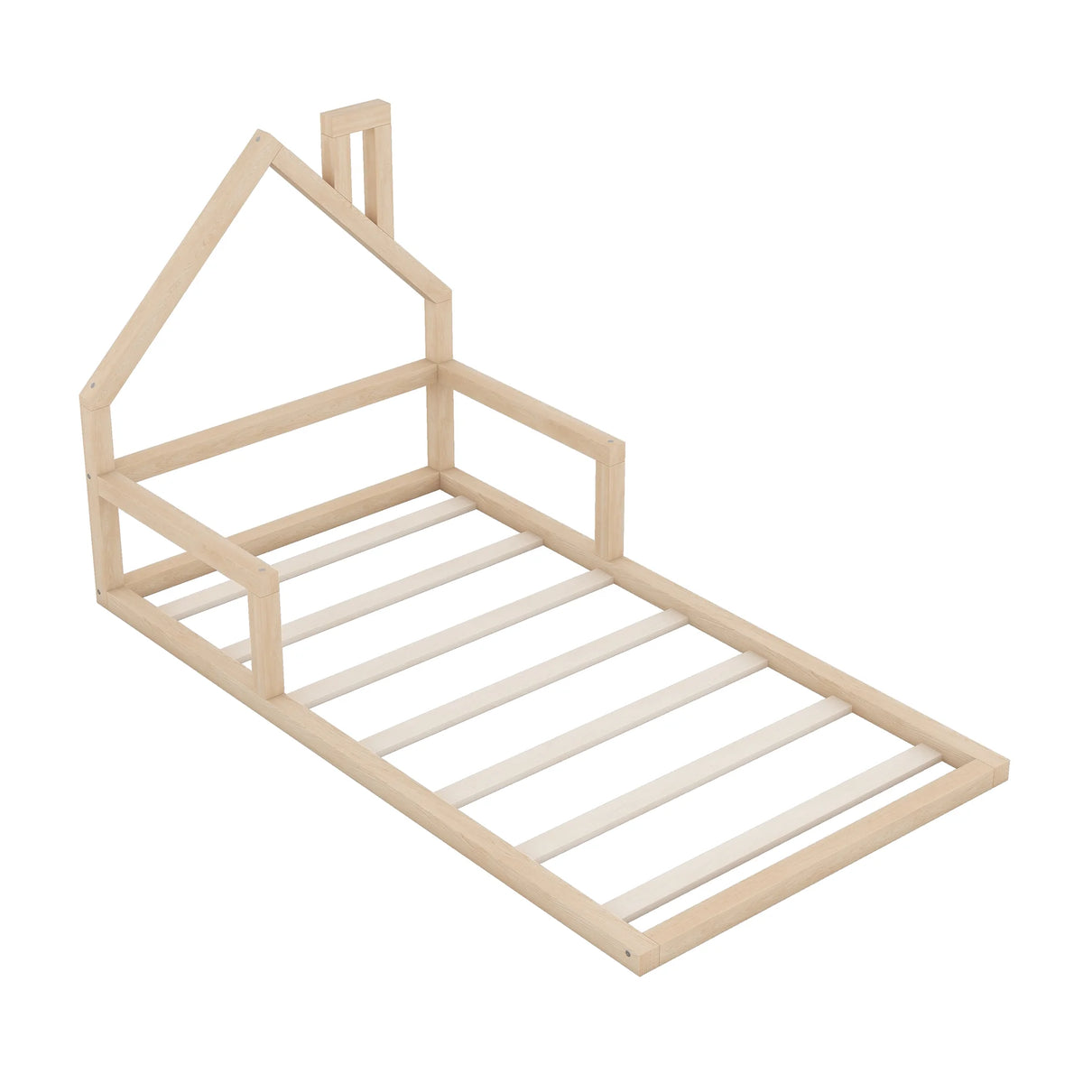 Euroco Twin Size Wood Floor Bed for Kids Room, Toddler House Bed, Natural