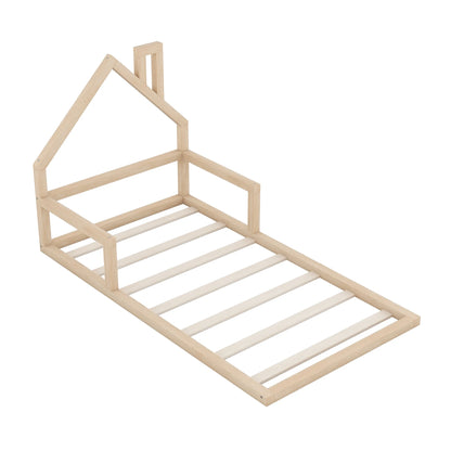 Euroco Twin Size Wood Floor Bed for Kids Room, Toddler House Bed, Natural