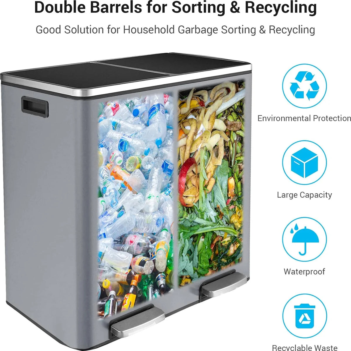 Arlopu 60 L/16 gal Dual Trash Can, Stainless Steel Garbage Can for Kitchen, Recycle Bin with Lid