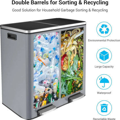 Arlopu 60 L/16 gal Dual Trash Can, Stainless Steel Garbage Can for Kitchen, Recycle Bin with Lid