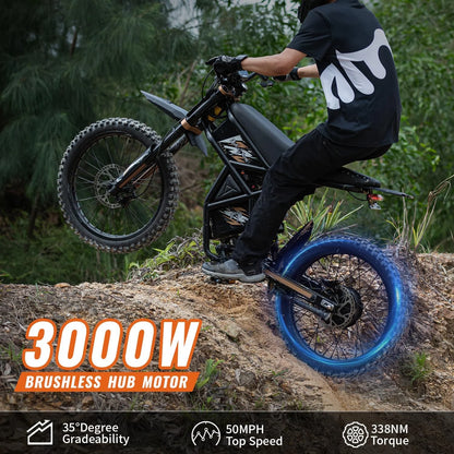 2000W Electric Dirt Bike for Adults Ridingtimes GT73 UL2849,Brushless Hub Motor,18.2AH*2 Electric Bike with 25\" tires digital screen Carbon Steel,Black