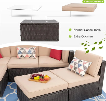 7 Pieces Outdoor Patio Furniture Set, Outdoor Sectional Rattan Sofa, PE Manual Weaving Wicker Patio Conversation Set with Cushion, Glass Table, Pillow, Dark Gray