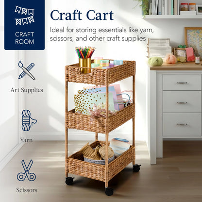 Best Choice Products 3-Tier Water Hyacinth Rolling Nursery Caddy w/ Wheels, Utility Cart, Storage Organization - Natural
