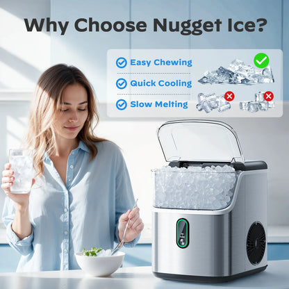 Philergo Nugget Ice Maker Countertop, Pebble Ice Maker Machine with Self-Cleaning, 35lbs/24hr, Soft Chewable Pellet Ice Maker for Home, Kitchen, Stainless Steel