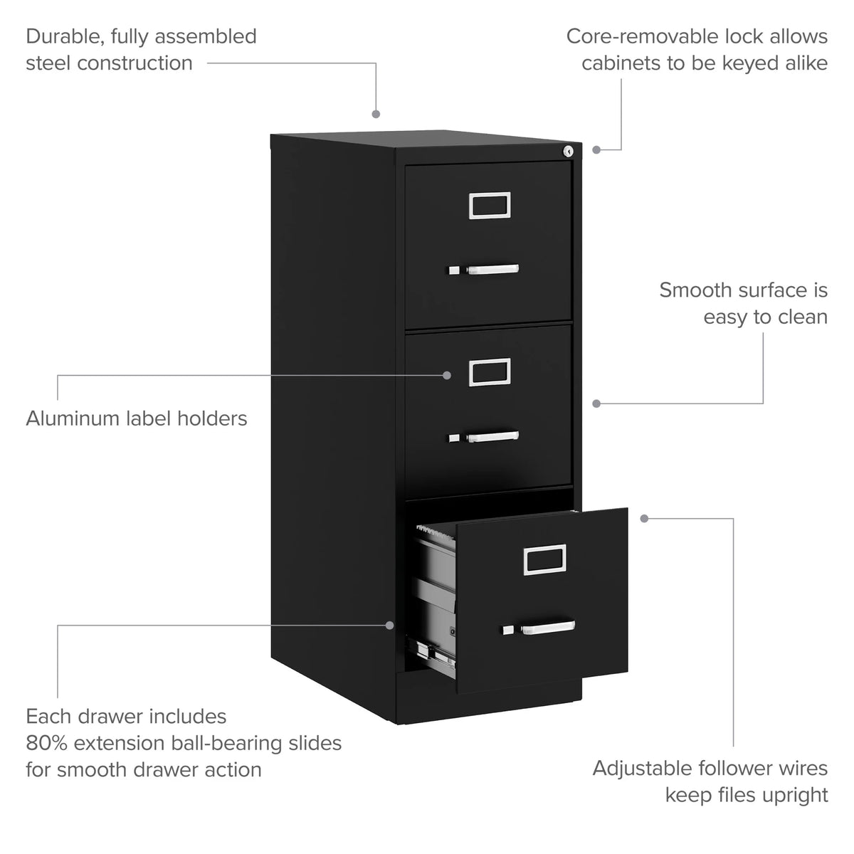 Hirsh 22" Deep 3 Drawer Letter Width Vertical File Cabinet, Commercial Grade, Gray