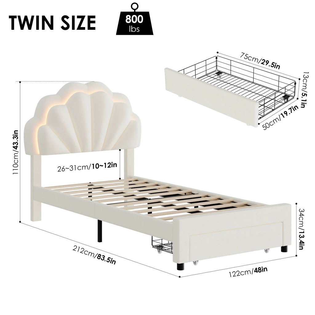 Homfa Twin Bed Frame with Storage & LED Light, Velvet Upholstered Platform Twin Bed with Adjustable Petal Headboard, Beige