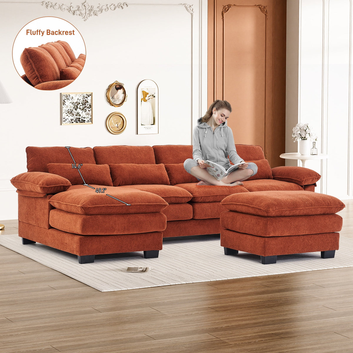Rophefx 114.3" U Shaped Sectional Couches for Living Room,Cloud Couch,4 Seats Chenille Couch with Double Layer Cushion,Orange