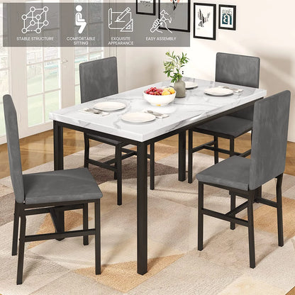 5 Piece Dining Set, Modern Dining Table and Chairs Set for 4, Counter Height Bar Table Set, Modern Pub Table with 4 Velvet Fabric Cushioned Stools, Faux Marble Dining Table & Stools Set, D9297