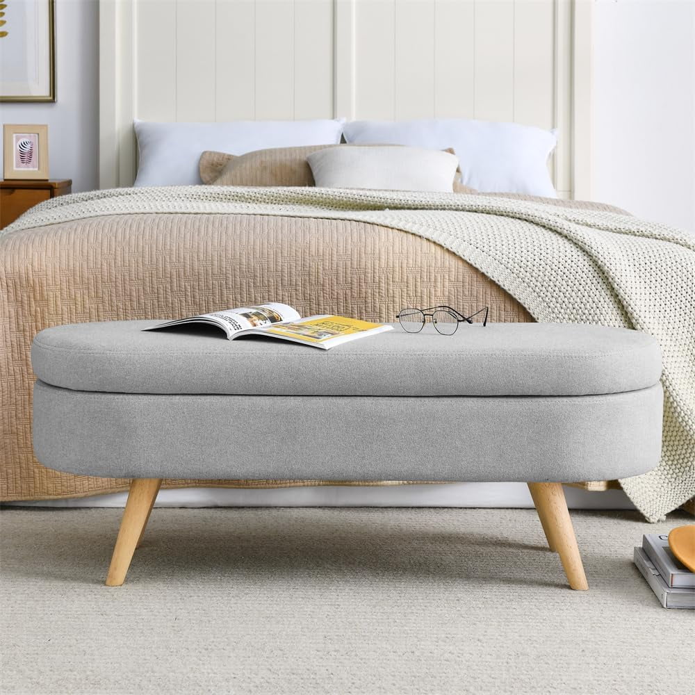 Sumdeal 43.5" Storage Ottoman Bench with 250lb Seating, Linen Upholstered Wood Legs Safety Hinge Flip Top Oval Foot Rest Long Stool for Sofa Couch Bedroom End of Bed Living Room Entryway, White