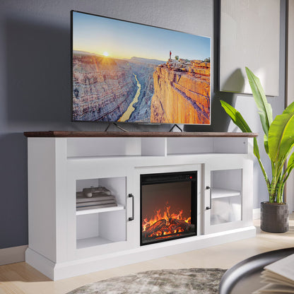 BELLEZE 60" TV Stand with 18" Electric Fireplace, Traditional TV Stand for TVs up to 65", Modern Media Entertainment Center Console Table with Open Storage Shelves & Cabinets - Cayman (Rustic Grey)