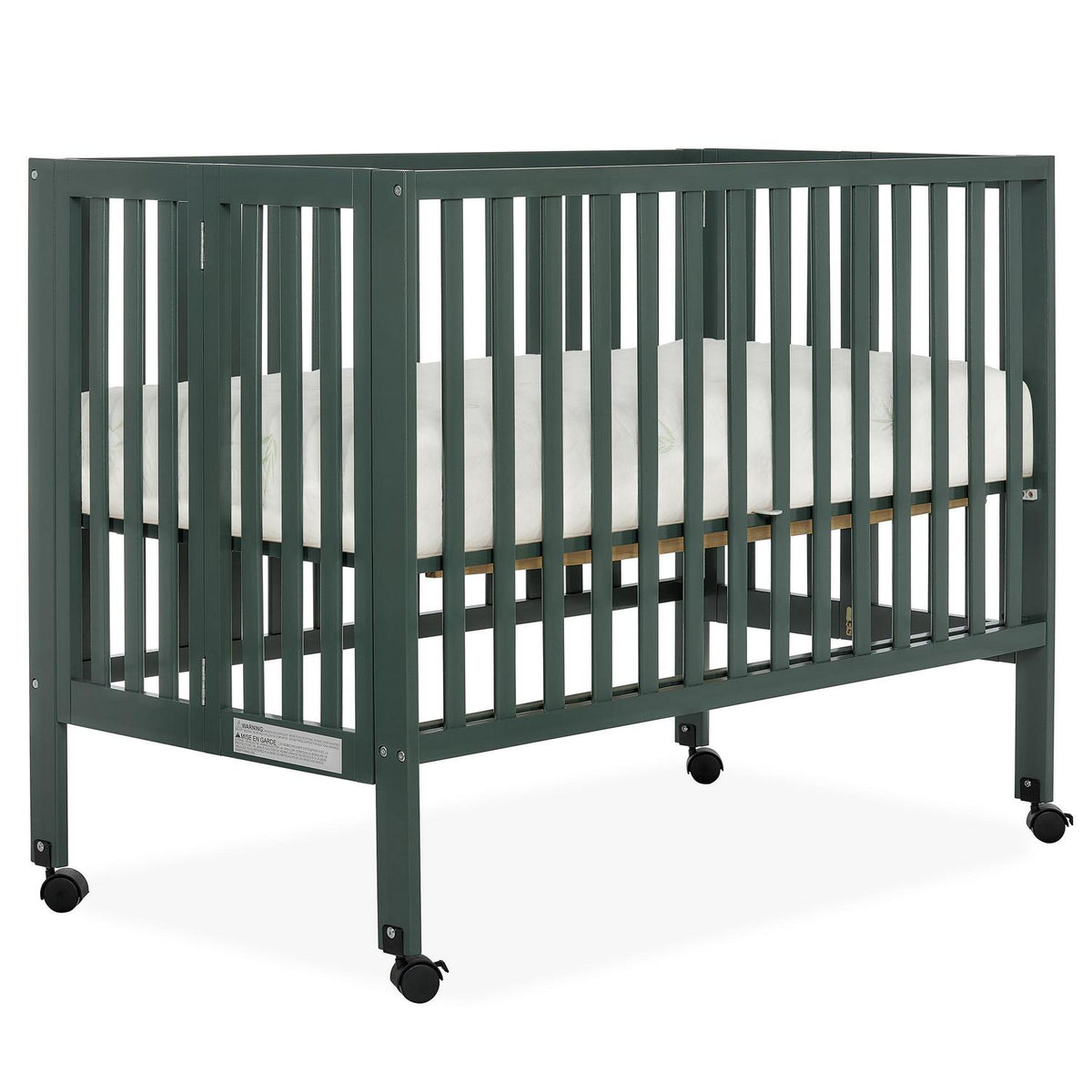 Dream On Me Quinn Full-Size Folding Crib. Removable Wheels. Modern Nursey. Adjustable Mattress Support. Patent Folding System in Olive