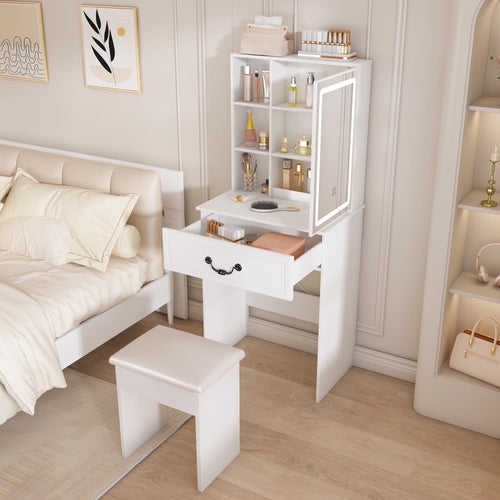 Montary Modern Mini Vanity w/Adjustable LED Mirror + Hidden Storage, Padded Stool & Dustproof Shelves (White)