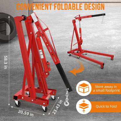 GARVEE 2 Ton Folding Hydraulic Engine Hoist with Lever,Folding Engine Shop Crane Hoist Lift,Heavy Cherry Picker with 6 Wheels for Garage,Workshop,Yellow