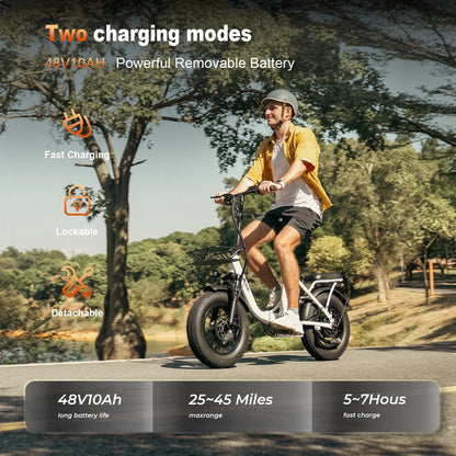 Electric Bike for Adults Step-Through Ebike with 16" Fat Tire, To Speed 19.9 MPH, 48V 13AH Removable Battery, E-Mountain Bicycle with Back Seat & Front Basket, UL2849 (White)