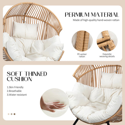 Walsunny Egg Chairs Outdoor Patio Wicker Oversized Egg Shell Lounger Lawn Chair with Cushion for Indoor Outside Porch Balcony Backyard, Original Wood Color Rattan Beige Cushion