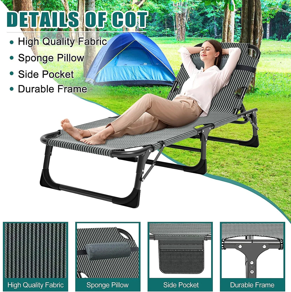 Slsy Folding Lounge Chair, 5-Position Adjustable Outdoor Reclining Chair, Folding Sleeping Bed Cot, Folding Chaise Lounge Chair for Pool Beach Patio Sunbathing