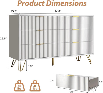 FURNIWAY White 6 Drawer Dresser for Bedroom, Modern Dresser with Gold Metal Handles,Fluted Wood TV Stand for Living Room, Hallway