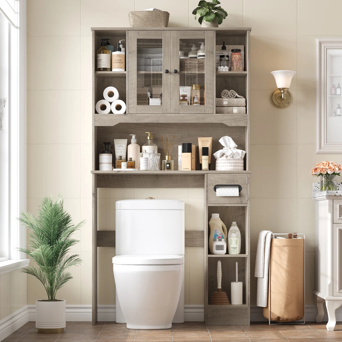 Homfa Over The Toilet Storage Cabinet with Toilet Paper Holder Stand, Above Toilet Organizer with Glass Doors, Behind Toilet Shelf for Restroom, Bathroom, Laundry, White