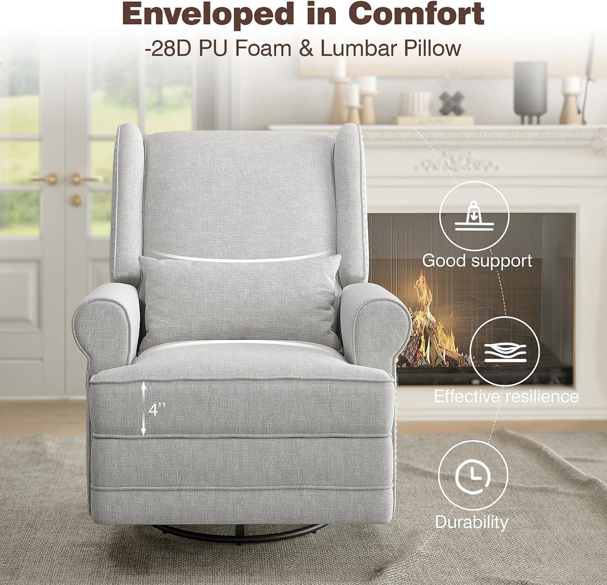 Royalcraft Swivel Nursery Glider Recliner, Comfy Upholstered Glider Chair with Lumbar Pillow and Footrest, Beige