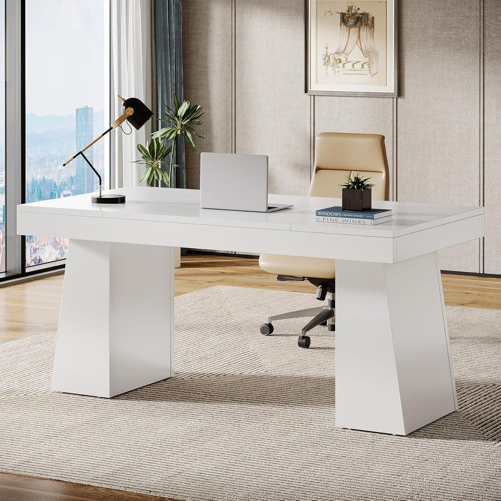 Tribesigns 55 Inches Executive Desk, Mid-Century Modern Home Office Desk with Double Trapezoid Base
