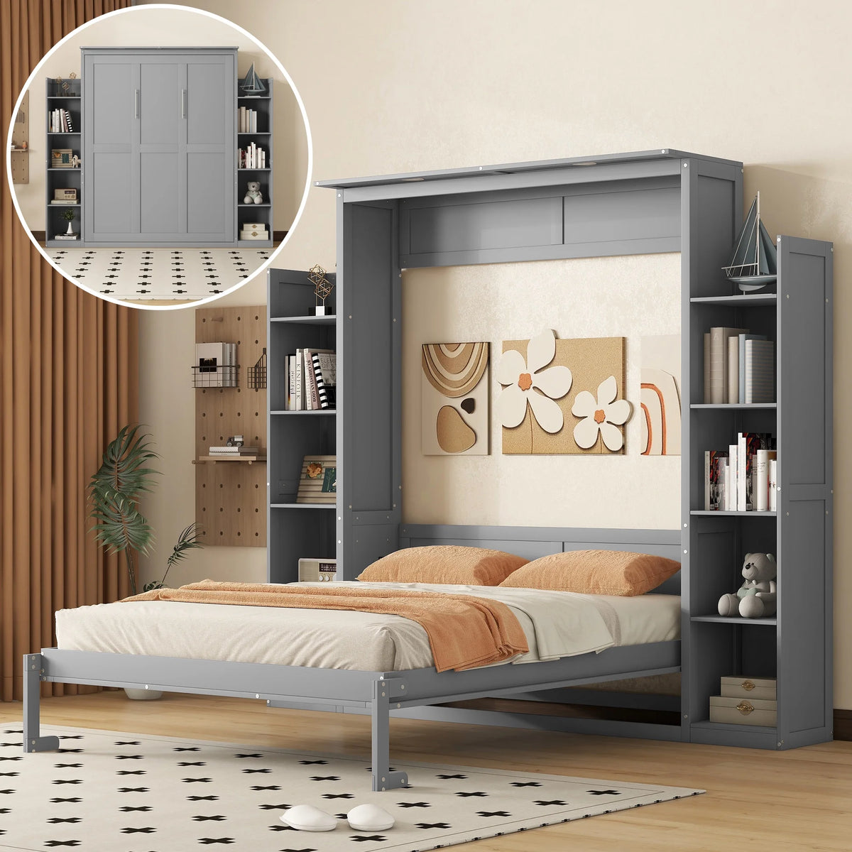 Aukfa Queen Size Murphy Bed with 5-Tier Storage Shelf & LED Lights, Foldable Wall Bed Cabinet with Mattress Support, Space-Saving Design for Guest Room/Home Office, Gray