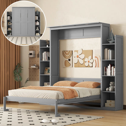 Aukfa Queen Size Murphy Bed with 5-Tier Storage Shelf & LED Lights, Foldable Wall Bed Cabinet with Mattress Support, Space-Saving Design for Guest Room/Home Office, Gray