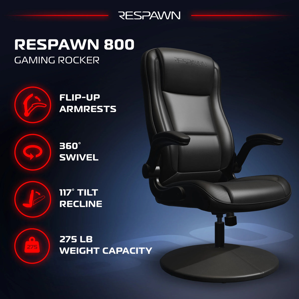 RESPAWN 800 Swivel Rocker Gaming Chair - Ergonomic Floor Gaming Seat with Lumbar Support, Flip Up Armrest, High Back, Pedestal Base, Comfortable No Wheels Console Video Game Rocker Chair - Red