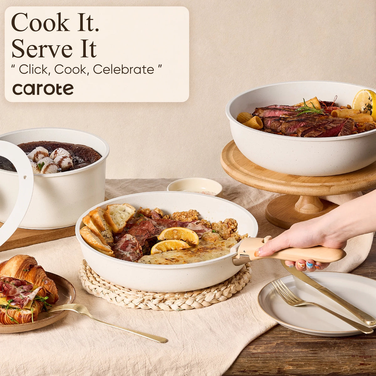 Carote 21 Pcs Nonstick Cookware Set, Pots and Pans Set with Detachable Handles, Oven/Dishwasher Safe, Stackable Kitchen Cooking Set, White Granite.