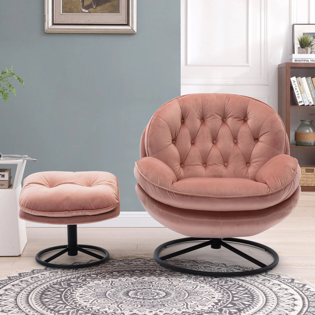 Swivel Accent Chair with Ottoman, Velvet Accent chair with Footrest, Mid-Century Modern Lounge Chair and Ottoman Set, Reading Chair for Living Room, Bedroom, Reading Room, Home Office, Blue
