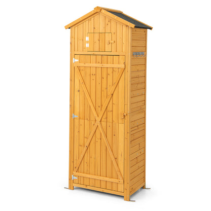 Costway Outdoor Lockable Wooden Storage Shed with Shelves, 71"x29.5"x20", Natural