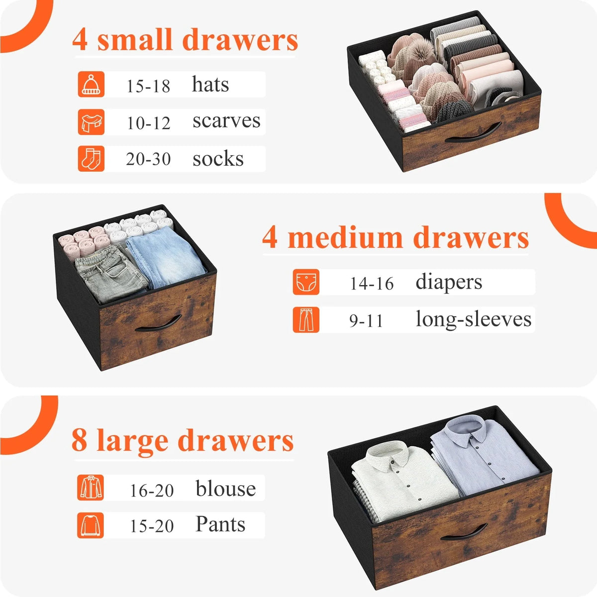 EnHomee Large Dresser for Bedroom Furniture Dresser with 16 Drawers Fabric Tall Dresser Closet Dresser Chest of Drawers Clothes Storage Slim for Living Room Office, Rustic Brown Wood Grain Print