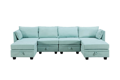 Oversized Modular Sectional Sofa with 2 Pillows, Convertible Sofa Bed with Storage Seat & Storage Ottoman, Upholstered U-Shaped Sectional Sofa with Reversible Chaise, 6 Seaters Sofa Sleeper Sofa