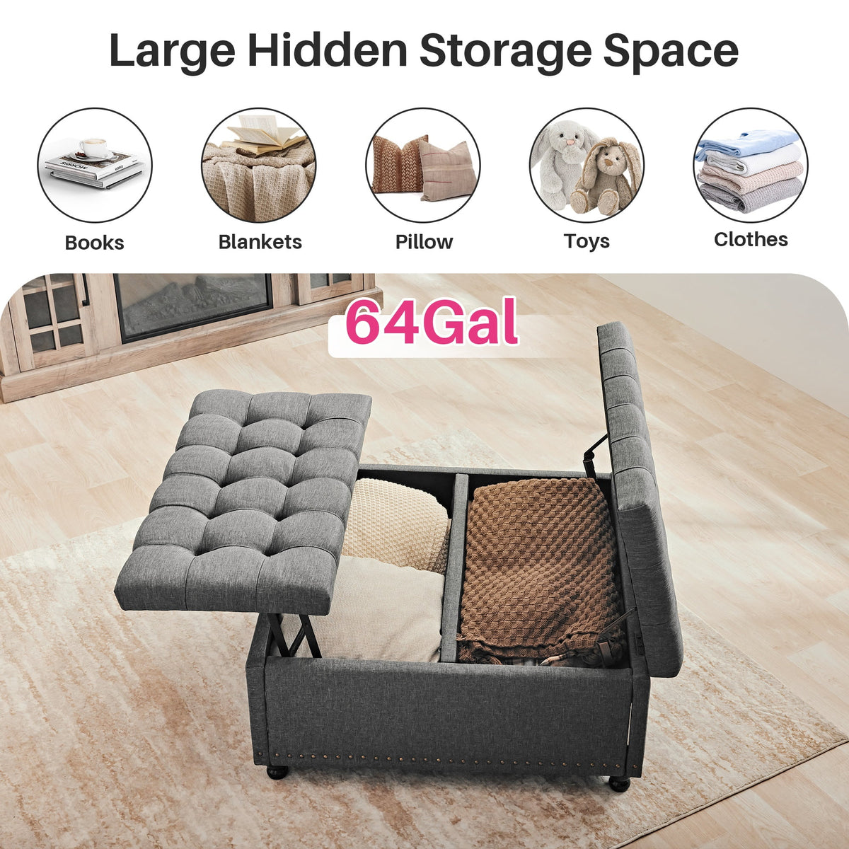 Redlife 35 Inch Large Square Storage Ottoman Bench, Storage Ottoman Coffee Table Large Square Ottoman with Storage Lift Top Tufted Storage Ottoman for Living Room (Brown Leathaire)