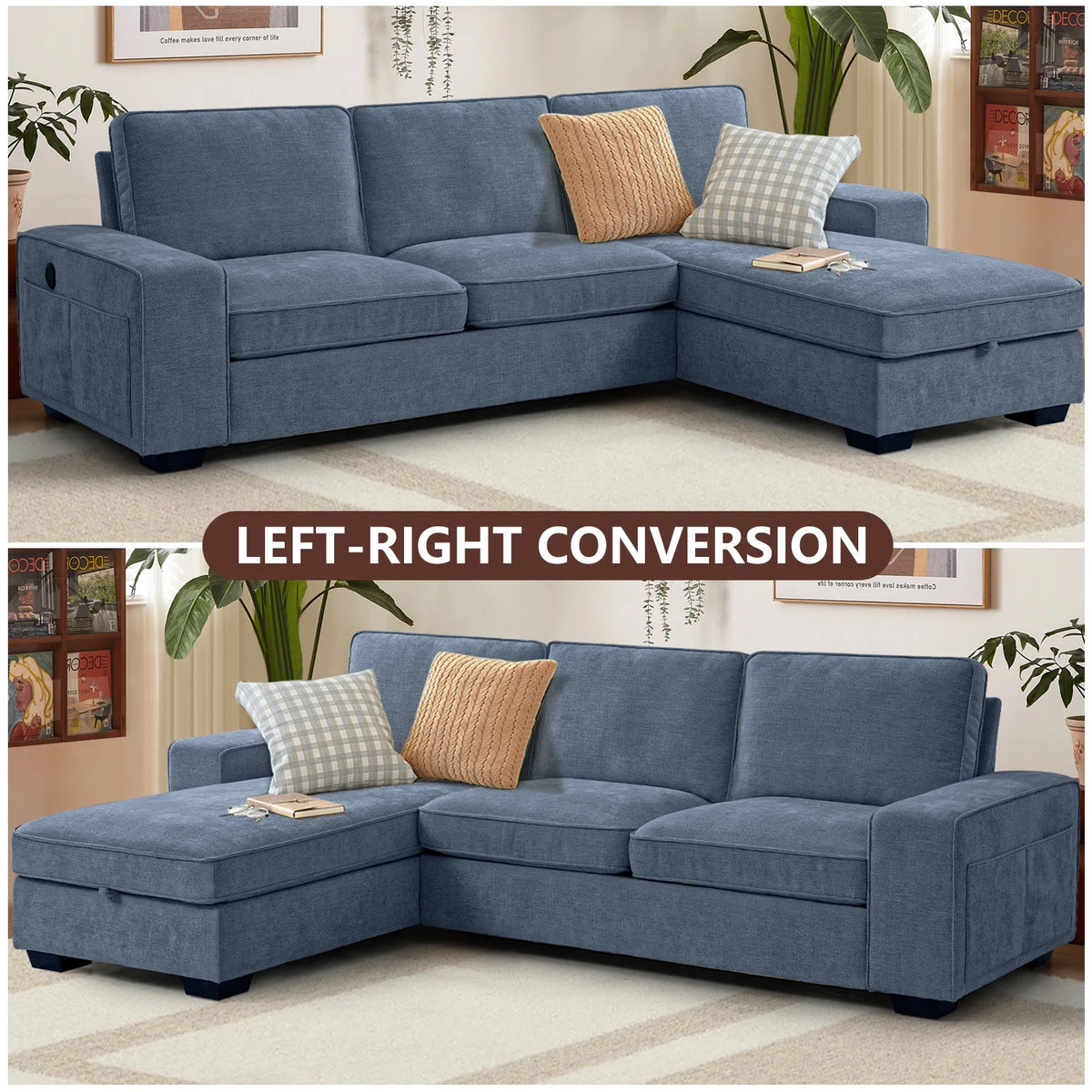 ASHOMELI 99'' Convertible Sectional Sofa,L Shaped Couch,Multi-Functional Reversible Sofa with USB and Type-C Charging Ports, Storage Space, Breathable Fabric