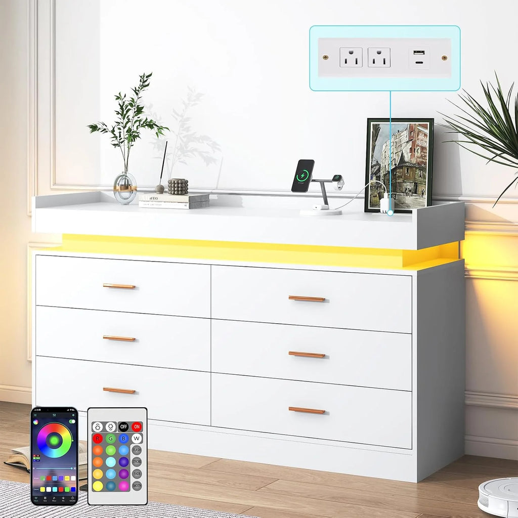 ANPOO 9 Drawer Dresser with LED Lights and Charging Station, Modern Double Wide Chest of Drawers with Power Outlet for Bedroom, Living Room