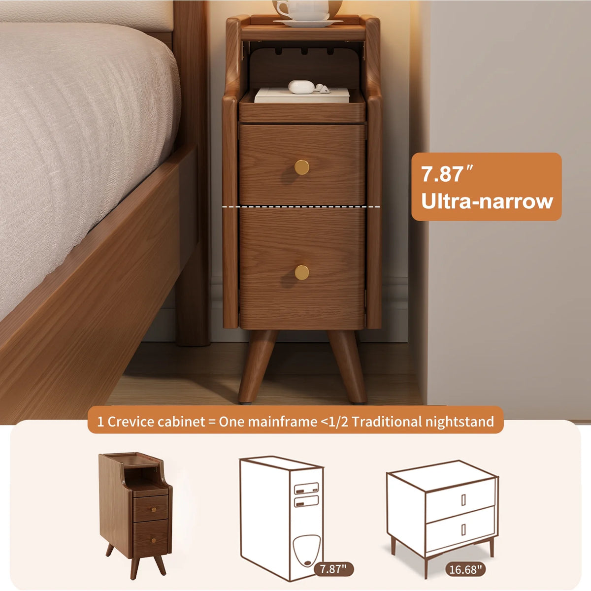 Small Nightstand,Solid Wood Nightstand with Drawers, Walnut Bedside Table for Bedroom