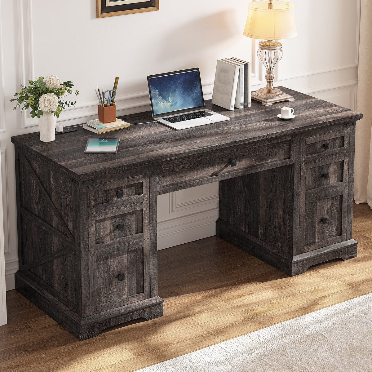 EnHomee Farmhouse Desk with Drawers, Wood Home Office Desk with Charging Station, Antique White