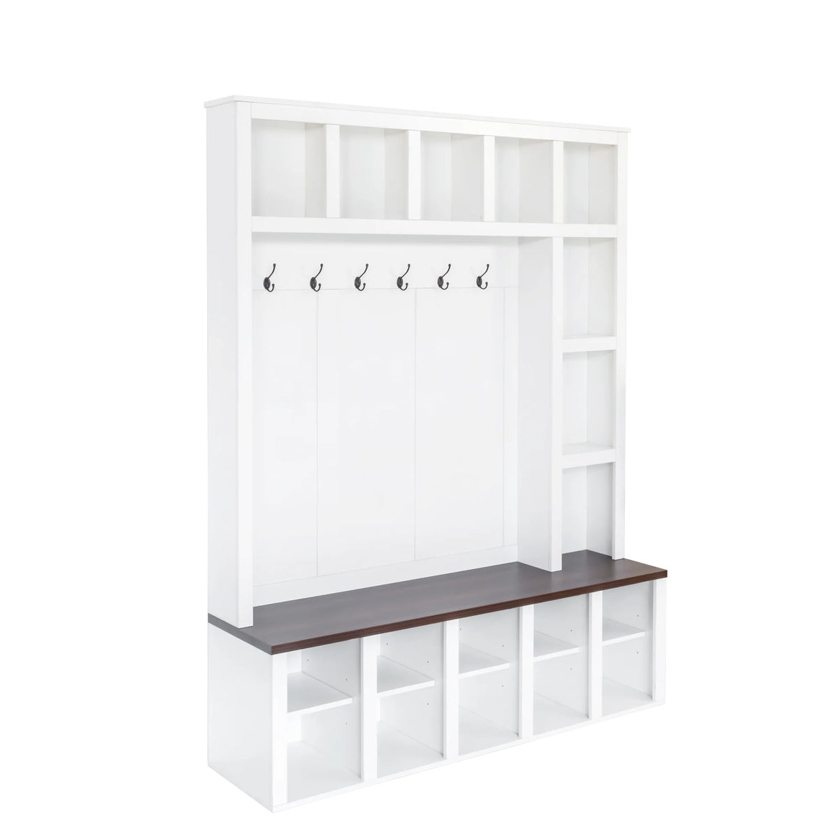 Euroco Farmhouse Wooden Style Hall Tree with 6 Hooks, Walnut Storage Bench, Adjustable Shelves, and 4-in-1 Entryway Shoe Cabinet with 13 Cubbies