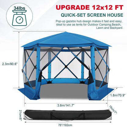 HOTEEL 12x12 Portable Pop-Up Outdoor Camping Gazebo, Screen Tent with Mosquito Nettings, Waterproof, UV, Bite Proof, Removable top Glamping Canopy with Carry Bag, Gray