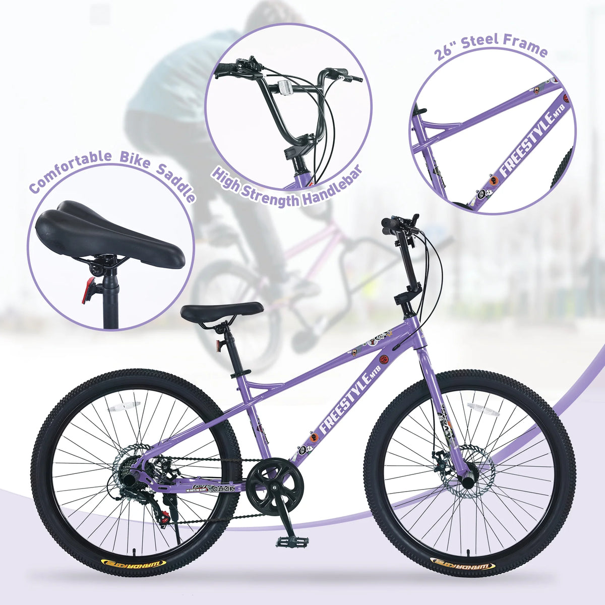 Aukfa 26" Freestyle BMX Bikes,Kids Mountain Bike for Boys Girls,Shimano 7 Speed,Double Disc Brakes,Blue