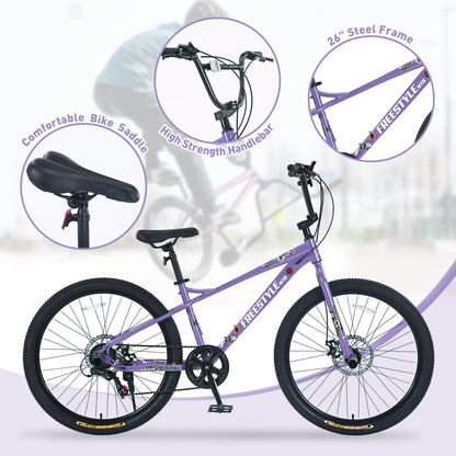 Aukfa 26" Freestyle BMX Bikes,Kids Mountain Bike for Boys Girls,Shimano 7 Speed,Double Disc Brakes,Blue