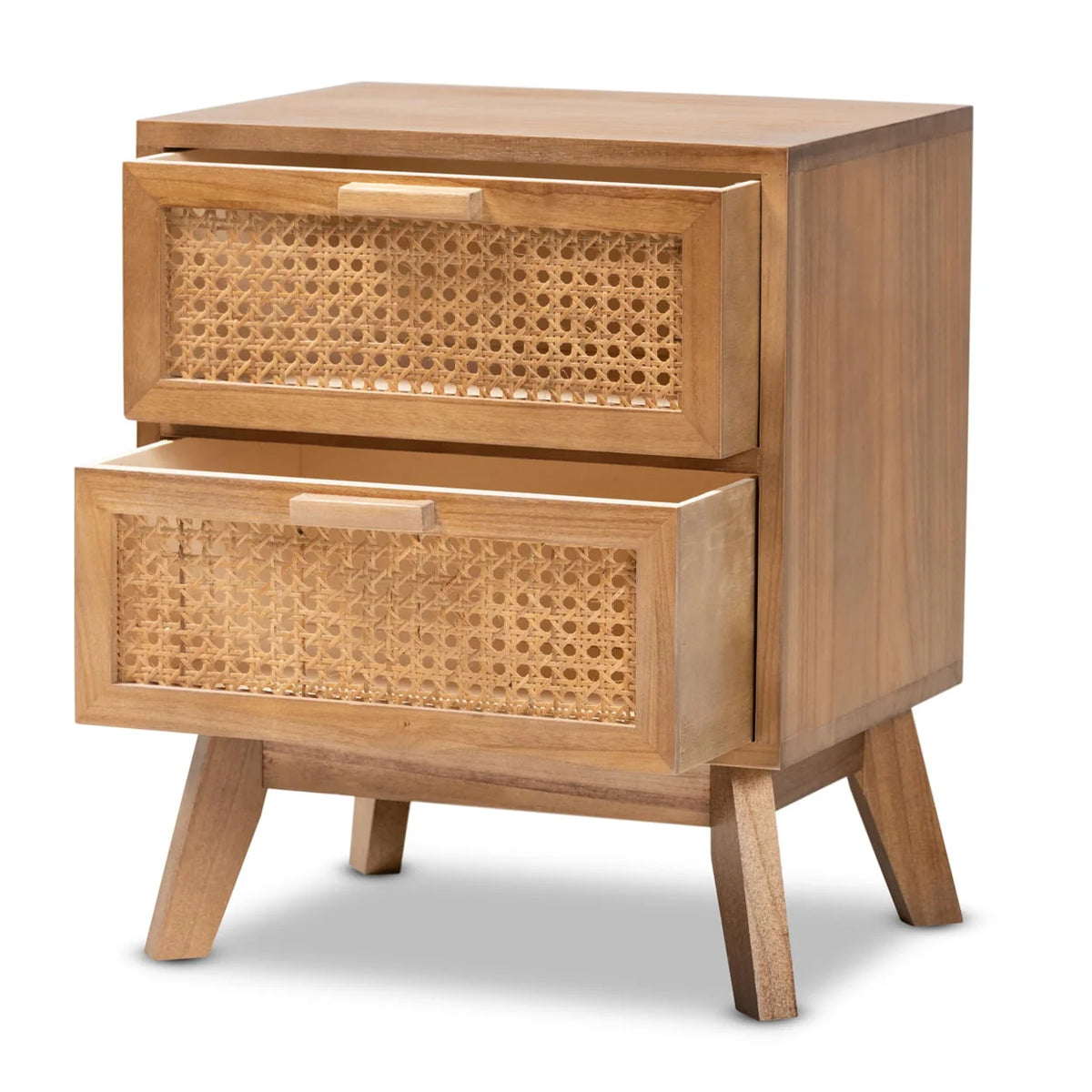 Baxton Studio Baden Mid-Century Modern Walnut Brown Finished Wood 2-Drawer Nightstand with Rattan,Wholesale Interiors