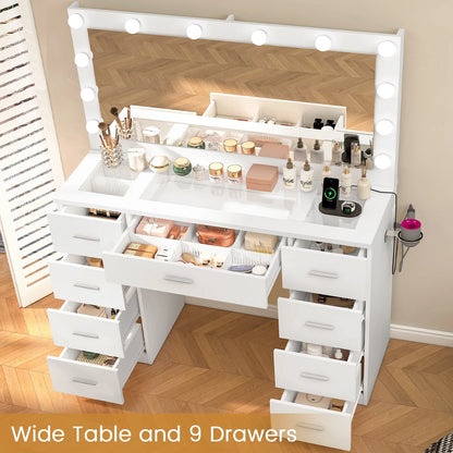TEENFON 46" Vanity Desk with Large Lighted Mirror and Power Outlet, Makeup Vanity with 9 Drawers and Glass Desktop, Vanity Table for Bedroom, White